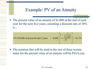 P.V. Viswanath 20
Example: PV of an Annuity
 The present value of an annuity of $1,000 at the end of each
year for the next five years, assuming a discount rate of 10%
is -
 The notation that will be used in the rest of these lecture
notes for the present value of an annuity will be PV(A,r,n).
PVof $1000 each year for next 5 years = $1000
1 -
1
(1.10)5
.10








 $3,791
 