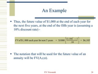 P.V. Viswanath 24
An Example
 Thus, the future value of $1,000 at the end of each year for
the next five years, at the end of the fifth year is (assuming a
10% discount rate) -
 The notation that will be used for the future value of an
annuity will be FV(A,r,n).
FVof $1, 000 each year for next 5 years = $1000
(1.10)5
- 1
.10






= $6,105
 