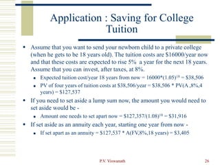 P.V. Viswanath 26
Application : Saving for College
Tuition
 Assume that you want to send your newborn child to a private college
(when he gets to be 18 years old). The tuition costs are $16000/year now
and that these costs are expected to rise 5% a year for the next 18 years.
Assume that you can invest, after taxes, at 8%.
 Expected tuition cost/year 18 years from now = 16000*(1.05)18 = $38,506
 PV of four years of tuition costs at $38,506/year = $38,506 * PV(A ,8%,4
years) = $127,537
 If you need to set aside a lump sum now, the amount you would need to
set aside would be -
 Amount one needs to set apart now = $127,357/(1.08)18 = $31,916
 If set aside as an annuity each year, starting one year from now -
 If set apart as an annuity = $127,537 * A(FV,8%,18 years) = $3,405
 