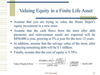 P.V. Viswanath 37
Valuing Equity in a Finite Life Asset
 Assume that you are trying to value the Home Depot’s
equity investment in a new store.
 Assume that the cash flows from the store after debt
payments and reinvestment needs are expected will be
$850,000 a year, growing at 5% a year for the next 12 years.
 In addition, assume that the salvage value of the store, after
repaying remaining debt will be $ 1 million.
 Finally, assume that the cost of equity is 9.78%.
Value of Equity in Store =
850,000 (1.05) 1 -
(1.05)12
(1.0978)12








(.0978 -.05)
+
1,000,000
(1.0978)12
= $8,053,999
 