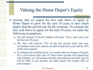 P.V. Viswanath 42
Valuing the Home Depot’s Equity
 Assume that we expect the free cash flows to equity at
Home Depot to grow for the next 10 years at rates much
higher than the growth rate for the economy. To estimate the
free cash flows to equity for the next 10 years, we make the
following assumptions:
 The net income of $1,614 million will grow 15% a year each year
for the next 10 years.
 The firm will reinvest 75% of the net income back into new
investments each year, and its net debt issued each year will be 10%
of the reinvestment.
 To estimate the terminal price, we assume that net income will grow
6% a year forever after year 10. Since lower growth will require less
reinvestment, we will assume that the reinvestment rate after year 10
will be 40% of net income; net debt issued will remain 10% of
reinvestment.
 