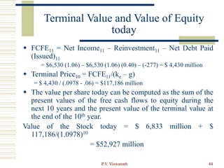 P.V. Viswanath 44
Terminal Value and Value of Equity
today
 FCFE11 = Net Income11 – Reinvestment11 – Net Debt Paid
(Issued)11
= $6,530 (1.06) – $6,530 (1.06) (0.40) – (-277) = $ 4,430 million
 Terminal Price10 = FCFE11/(ke – g)
= $ 4,430 / (.0978 - .06) = $117,186 million
 The value per share today can be computed as the sum of the
present values of the free cash flows to equity during the
next 10 years and the present value of the terminal value at
the end of the 10th year.
Value of the Stock today = $ 6,833 million + $
117,186/(1.0978)10
= $52,927 million
 