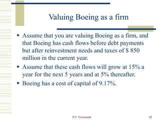 P.V. Viswanath 45
Valuing Boeing as a firm
 Assume that you are valuing Boeing as a firm, and
that Boeing has cash flows before debt payments
but after reinvestment needs and taxes of $ 850
million in the current year.
 Assume that these cash flows will grow at 15% a
year for the next 5 years and at 5% thereafter.
 Boeing has a cost of capital of 9.17%.
 