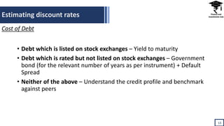 Estimating discount rates
13
Cost of Debt
• Debt which is listed on stock exchanges – Yield to maturity
• Debt which is rated but not listed on stock exchanges – Government
bond (for the relevant number of years as per instrument) + Default
Spread
• Neither of the above – Understand the credit profile and benchmark
against peers
 