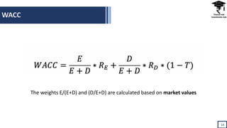 WACC
14
The weights E/(E+D) and (D/E+D) are calculated based on market values
 