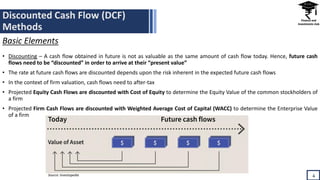 Discounted Cash Flow (DCF)
Methods
4
Basic Elements
• Discounting – A cash flow obtained in future is not as valuable as the same amount of cash flow today. Hence, future cash
flows need to be “discounted” in order to arrive at their “present value”
• The rate at future cash flows are discounted depends upon the risk inherent in the expected future cash flows
• In the context of firm valuation, cash flows need to after-tax
• Projected Equity Cash Flows are discounted with Cost of Equity to determine the Equity Value of the common stockholders of
a firm
• Projected Firm Cash Flows are discounted with Weighted Average Cost of Capital (WACC) to determine the Enterprise Value
of a firm
Source: Investopedia
 
