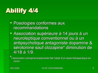 Abilify 4/4 Posologies conformes aux recommandations Association supérieure à 14 jours à un neuroleptique conventionnel ou à un antipsychotique antagoniste dopamine & sérotonine sauf clozapine* diminution de 4/18 à 1/9. * l’association clozapine/aripiprazole fait l’objet d’un essai thérapeutique en cours. 