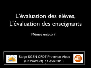 L’évaluation des élèves,
L'évaluation des enseignants
          Mêmes enjeux ?




   Stage SGEN-CFDT Provence-Alpes
      (Ph.Watrelot) 11 Avril 2013
                  1
 