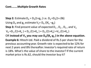 Cont.…….Multiple Growth Rates
Step 2: EstimateD4 = D3(1+g2 ) i.e. D4 =D3(1+.06)
Using D4 and g2 estimate V3= D4 /(Ke –g2)
Step 3: Find present value of expected D1 , D2 , D3 , and V3.
V0 =D1 /(1+Ke ) + D2 /(1+Ke ) + D3 /(1+Ke) +V3 /(1+Ke )
OR instead of V3 ,you may use D4/(Ke-g2 ) in the above equation.
Example 6: Hitech Ltd. Paid a dividend of Rs.5 per share for the
previous accounting year. Growth rate is expected to be 12% for
next 2 years and 8% thereafter. Investor’s required rate of return
is 18%. What’s the value of share to the investor? If the current
market price is Rs.62, should the investor buy it?
13
 