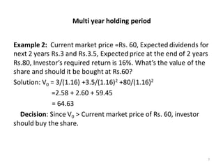 Multi year holding period
Example 2: Current market price =Rs. 60, Expected dividends for
next 2 years Rs.3 and Rs.3.5, Expected price at the end of 2 years
Rs.80, Investor’s required return is 16%. What’s the value of the
share and should it be bought at Rs.60?
Solution: V0 = 3/(1.16) +3.5/(1.16)2 +80/(1.16)2
=2.58 + 2.60 + 59.45
= 64.63
Decision: Since V0 > Current market price of Rs. 60, investor
should buy the share.
7
 