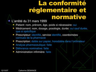 La conformité réglementaire et normative L’arrêté du 31 mars 1999 Patient: nom, prénom, âge, poids si nécessaire:  oui Médicament: nom, dosage, posologie, durée:  oui sauf durée, que si spécifique Prescripteur:  identifié , service  identifié , coordonnées  connues de la pharmacie Prescription:  datée sur papier, horodatée dans l’ordinateur Analyse pharmaceutique: faite  Délivrance nominative: faite Administration infirmière : faite 