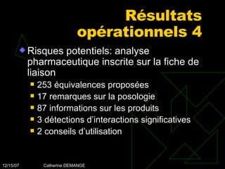Résultats opérationnels 4 Risques potentiels: analyse pharmaceutique inscrite sur la fiche de liaison 253 équivalences proposées 17 remarques sur la posologie 87 informations sur les produits 3 détections d’interactions significatives 2 conseils d’utilisation 
