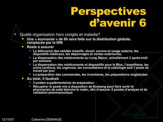 Perspectives d’avenir 6 Quelle organisation hors congés et maladie? Une « économie » de 6h sera faite sur la distribution globale, remplacée par la DIN Reste à assurer La délivrance des solutés massifs, alcool, savons et usage externe, les dispositifs médicaux, les dépannages et ventes extérieures,  La dispensation des médicaments au Long Séjour, actuellement 3 après-midi par semaine La dispensation des médicaments et dispositifs pour le Bloc, l’anesthésie, les soins continus, les urgences, les consultations et la radiologie soit 1 poste de travail par jour La préparation des commandes, les inventaires, les préparations magistrales Au total, il faudrait  2 postes supplémentaires de préparateur  Récupérer le poste mis à disposition de Bussang pour faire sortir le pharmacien de salle blanche le matin, afin d’assurer 2 postes d’analyse et de validation pharmaceutique 