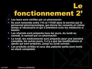 Le fonctionnement 2’ Les bacs sont vérifiés par un pharmacien Ils sont remontés entre 11h et 11H30 dans le service par le personnel pharmaceutique, qui donne les conseils en même temps si nécessaire et qui s’entretient avec les médecins si besoin Les chariots sont préparés tous les jours, du lundi au samedi, le samedi par un pharmacien Le lundi, les médicaments sont préparés pour une semaine complète, les autres jours, il n’y a que les modifications et ajouts qui sont préparés, jusqu’au lundi suivant Les produits arrêtés et ceux des patients sortis sont remis en stock comptable 