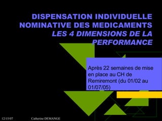 DISPENSATION INDIVIDUELLE NOMINATIVE DES MEDICAMENTS LES 4 DIMENSIONS DE LA PERFORMANCE Après 22 semaines de mise en place au CH de Remiremont (du 01/02 au 01/07/05) 