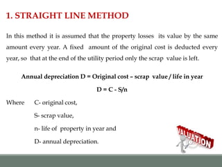1. STRAIGHT LINE METHOD
In this method it is assumed that the property losses its value by the same
amount every year. A fixed amount of the original cost is deducted every
year, so that at the end of the utility period only the scrap value is left.
Annual depreciation D = Original cost – scrap value / life in year
D = C - S/n
Where C- original cost,
S- scrap value,
n- life of property in year and
D- annual depreciation.
 