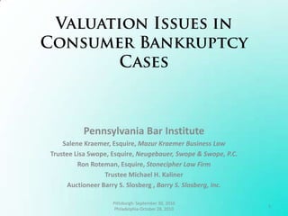 Valuation Issues in Consumer Bankruptcy Cases Pennsylvania Bar Institute Salene Kraemer, Esquire, Mazur Kraemer Business Law Trustee Lisa Swope, Esquire, Neugebauer, Swope & Swope, P.C. Ron Roteman, Esquire, Stonecipher Law Firm Trustee Michael H. Kaliner Auctioneer Barry S. Slosberg , Barry S. Slosberg, Inc. 1 Pittsburgh- September 30, 2010 Philadelphia-October 28, 2010 