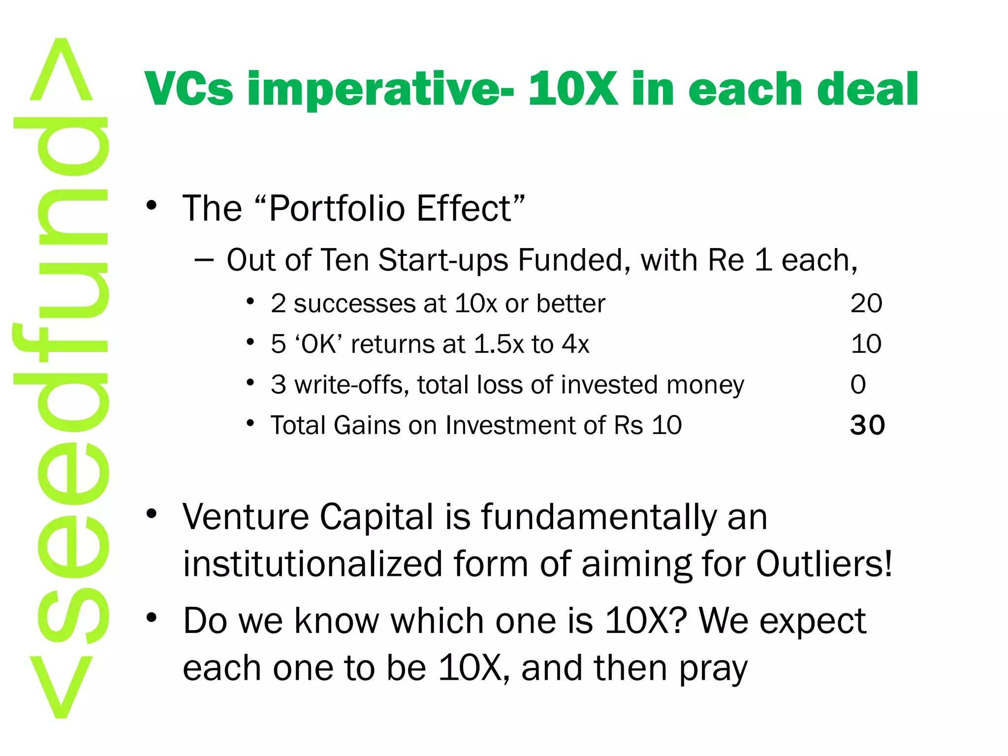 VCs imperative- 10X in each deal The “Portfolio Effect” Out of Ten Start-ups Funded, with Re 1 each,  2 successes at 10x or better 20 5 ‘OK’ returns at 1.5x to 4x 10 3 write-offs, total loss of invested money  0 Total Gains on Investment of Rs 10 30 Venture Capital is fundamentally an institutionalized form of aiming for Outliers! Do we know which one is 10X? We expect each one to be 10X, and then pray 