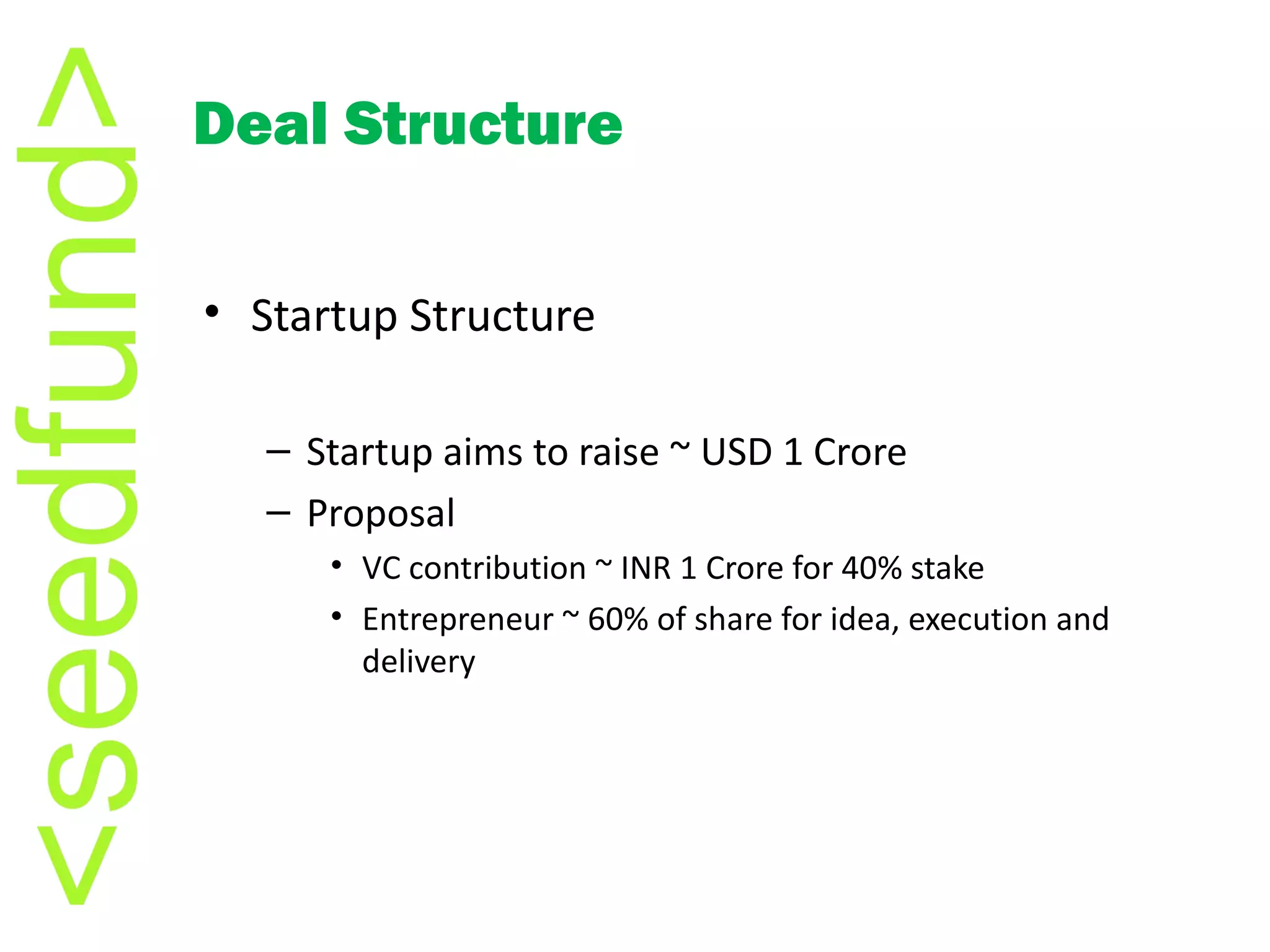 Startup Structure Startup aims to raise ~ USD 1 Crore Proposal VC contribution ~ INR 1 Crore for 40% stake Entrepreneur ~ 60% of share for idea, execution and delivery Deal Structure 