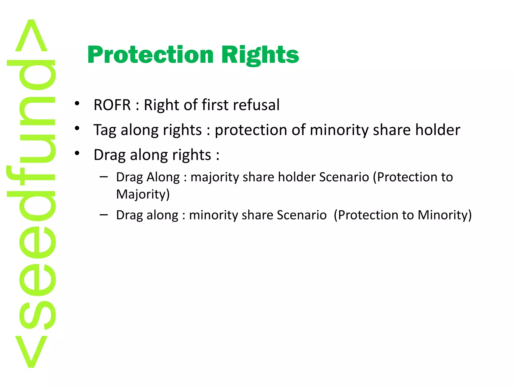 ROFR : Right of first refusal Tag along rights : protection of minority share holder Drag along rights :  Drag Along : majority share holder Scenario (Protection to Majority) Drag along : minority share Scenario  (Protection to Minority) Protection Rights 
