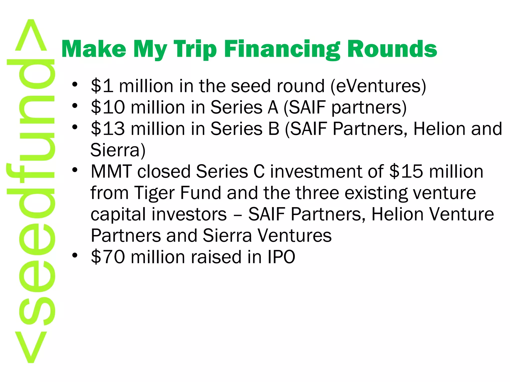 Make My Trip Financing Rounds $1 million in the seed round (eVentures) $10 million in Series A (SAIF partners) $13 million in Series B (SAIF Partners, Helion and Sierra) MMT closed Series C investment of $15 million from Tiger Fund and the three existing venture capital investors – SAIF Partners, Helion Venture Partners and Sierra Ventures $70 million raised in IPO 