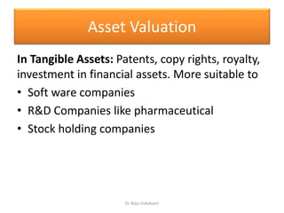 Asset Valuation
In Tangible Assets: Patents, copy rights, royalty,
investment in financial assets. More suitable to
• Soft ware companies
• R&D Companies like pharmaceutical
• Stock holding companies
Dr Raju Indukoori
 