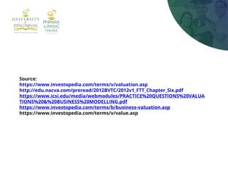 Source:
https://www.investopedia.com/terms/v/valuation.asp
http://edu.nacva.com/preread/2012BVTC/2012v1_FTT_Chapter_Six.pdf
https://www.icsi.edu/media/webmodules/PRACTICE%20QUESTIONS%20VALUA
TIONS%20&%20BUSINESS%20MODELLING.pdf
https://www.investopedia.com/terms/b/business-valuation.asp
https://www.investopedia.com/terms/v/value.asp
 