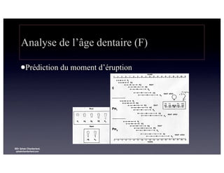 Analyse de l’âge dentaire (F)
lPrédiction

©Dr Sylvain Chamberland,
sylvainchamberland.com

du moment d’éruption

 