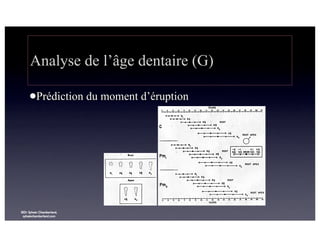 Analyse de l’âge dentaire (G)
lPrédiction

©Dr Sylvain Chamberland,
sylvainchamberland.com

du moment d’éruption

 