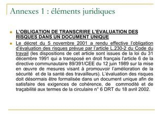 Annexes 1 : éléments juridiques
 L’OBLIGATION DE TRANSCRIRE L’EVALUATION DES
RISQUES DANS UN DOCUMENT UNIQUE
 Le décret du 5 novembre 2001 a rendu effective l’obligation
d’évaluation des risques prévue par l’article L.230-2 du Code du
travail (les dispositions de cet article sont issues de la loi du 31
décembre 1991 qui a transposé en droit français l'article 6 de la
directive communautaire 89/391/CEE du 12 juin 1989 sur la mise
en œuvre de mesures visant à promouvoir l’amélioration de la
sécurité et de la santé des travailleurs). L’évaluation des risques
doit désormais être formalisée dans un document unique afin de
satisfaire des exigences de cohérence, de commodité et de
traçabilité aux termes de la circulaire n° 6 DRT du 18 avril 2002.
 