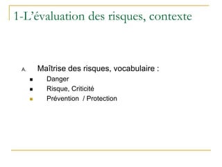 1-L’évaluation des risques, contexte
A. Maîtrise des risques, vocabulaire :
 Danger
 Risque, Criticité
 Prévention / Protection
 