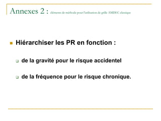 Annexes 2 : éléments de méthode pour l’utilisation de grille AMDEC classique
 Hiérarchiser les PR en fonction :
 de la gravité pour le risque accidentel
 de la fréquence pour le risque chronique.
 