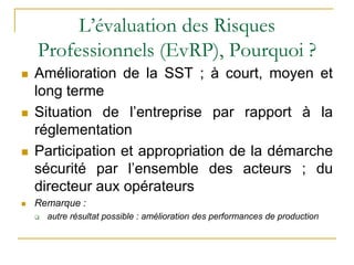 L’évaluation des Risques
Professionnels (EvRP), Pourquoi ?
 Amélioration de la SST ; à court, moyen et
long terme
 Situation de l’entreprise par rapport à la
réglementation
 Participation et appropriation de la démarche
sécurité par l’ensemble des acteurs ; du
directeur aux opérateurs
 Remarque :
 autre résultat possible : amélioration des performances de production
 