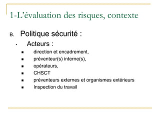 B. Politique sécurité :
• Acteurs :
 direction et encadrement,
 préventeur(s) interne(s),
 opérateurs,
 CHSCT
 préventeurs externes et organismes extérieurs
 Inspection du travail
1-L’évaluation des risques, contexte
 