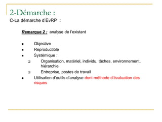 Remarque 2 : analyse de l’existant
 Objective
 Reproductible
 Systémique :
 Organisation, matériel, individu, tâches, environnement,
hiérarchie
 Entreprise, postes de travail
 Utilisation d’outils d’analyse dont méthode d’évaluation des
risques
2-Démarche :
C-La démarche d’EvRP :
 