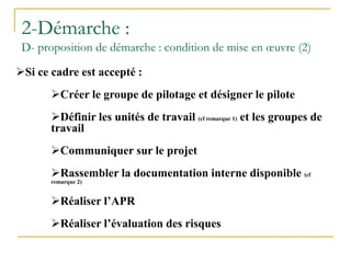 Si ce cadre est accepté :
Créer le groupe de pilotage et désigner le pilote
Définir les unités de travail (cf remarque 1) et les groupes de
travail
Communiquer sur le projet
Rassembler la documentation interne disponible (cf
remarque 2)
Réaliser l’APR
Réaliser l’évaluation des risques
2-Démarche :
D- proposition de démarche : condition de mise en œuvre (2)
 