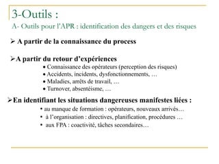 A partir de la connaissance du process
A partir du retour d’expériences
 Connaissance des opérateurs (perception des risques)
 Accidents, incidents, dysfonctionnements, …
 Maladies, arrêts de travail, …
 Turnover, absentéisme, …
3-Outils :
A- Outils pour l’APR : identification des dangers et des risques
En identifiant les situations dangereuses manifestes liées :
 au manque de formation : opérateurs, nouveaux arrivés…
 à l’organisation : directives, planification, procédures …
 aux FPA : coactivité, tâches secondaires…
 