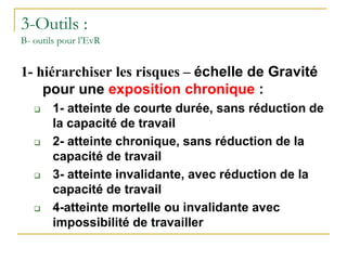 3-Outils :
B- outils pour l’EvR
1- hiérarchiser les risques – échelle de Gravité
pour une exposition chronique :
 1- atteinte de courte durée, sans réduction de
la capacité de travail
 2- atteinte chronique, sans réduction de la
capacité de travail
 3- atteinte invalidante, avec réduction de la
capacité de travail
 4-atteinte mortelle ou invalidante avec
impossibilité de travailler
 