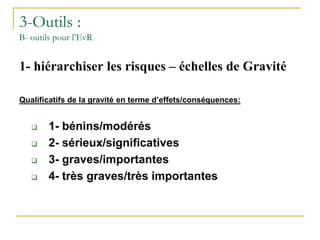 3-Outils :
B- outils pour l’EvR
1- hiérarchiser les risques – échelles de Gravité
Qualificatifs de la gravité en terme d’effets/conséquences:
 1- bénins/modérés
 2- sérieux/significatives
 3- graves/importantes
 4- très graves/très importantes
 
