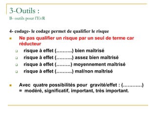 3-Outils :
B- outils pour l’EvR
4- codage- le codage permet de qualifier le risque
 Ne pas qualifier un risque par un seul de terme car
réducteur
 risque à effet (……….) bien maîtrisé
 risque à effet (……….) assez bien maîtrisé
 risque à effet (………) moyennement maîtrisé
 risque à effet (……….) mal/non maîtrisé
 Avec quatre possibilités pour gravité/effet : (…………)
= modéré, significatif, important, très important.
 