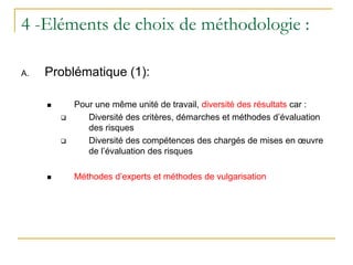 4 -Eléments de choix de méthodologie :
A. Problématique (1):
 Pour une même unité de travail, diversité des résultats car :
 Diversité des critères, démarches et méthodes d’évaluation
des risques
 Diversité des compétences des chargés de mises en œuvre
de l’évaluation des risques
 Méthodes d’experts et méthodes de vulgarisation
 