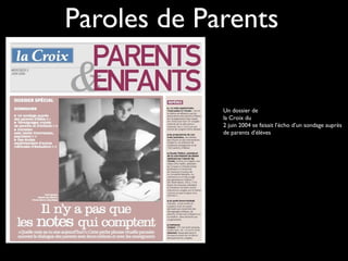 Paroles de Parents

Un dossier de
la Croix du
2 juin 2004 se faisait l’écho d’un sondage auprès
de parents d’élèves

 