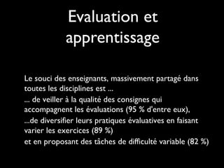 Evaluation et
apprentissage
Le souci des enseignants, massivement partagé dans
toutes les disciplines est ...
... de veiller à la qualité des consignes qui
accompagnent les évaluations (95 % d'entre eux),
...de diversifier leurs pratiques évaluatives en faisant
varier les exercices (89 %)
et en proposant des tâches de difficulté variable (82 %)

 