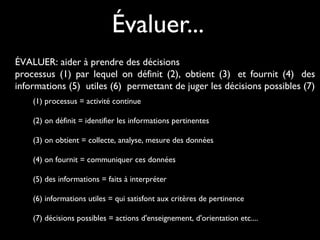 Évaluer...
ÉVALUER: aider à prendre des décisions
processus (1) par lequel on définit (2), obtient (3)  et fournit (4)  des
informations (5)  utiles (6)  permettant de juger les décisions possibles (7)
(1) processus = activité continue
(2) on définit = identifier les informations pertinentes
(3) on obtient = collecte, analyse, mesure des données
(4) on fournit = communiquer ces données
(5) des informations = faits à interpréter
(6) informations utiles = qui satisfont aux critères de pertinence
(7) décisions possibles = actions d'enseignement, d'orientation etc....

 