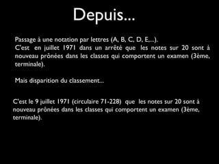 Depuis...
Passage à une notation par lettres (A, B, C, D, E,...).
C'est  en juillet 1971 dans un arrêté que  les notes sur 20 sont à
nouveau prônées dans les classes qui comportent un examen (3ème,
terminale).  
Mais disparition du classement...
C'est le 9 juillet 1971 (circulaire 71-228) que  les notes sur 20 sont à
nouveau prônées dans les classes qui comportent un examen (3ème,
terminale).  

 