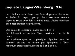 Enquête Laugier-Weinberg 1936
Les résultats montrèrent une forte dispersion des notes
attribuées à chaque copie par les correcteurs. Aucune
copie ne reçut deux fois la même note. L'écart maximum
des notes dépassa les prévisions.
Une copie de français fut notée entre 3 et 16 ;
En philosophie et en latin l'écart maximum était de 12
points.
Les mathématiques et la physique, réputées pour des
sciences exactes, ne furent pas épargnées : l'écart
maximum était respectivement de 9 et 8 points.

 