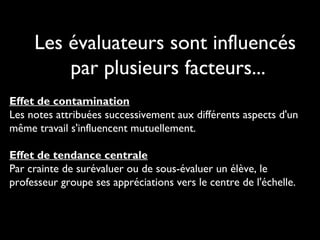 Les évaluateurs sont influencés
par plusieurs facteurs...
Effet de contamination
Les notes attribuées successivement aux différents aspects d'un
même travail s'influencent mutuellement.
Effet de tendance centrale
Par crainte de surévaluer ou de sous-évaluer un élève, le
professeur groupe ses appréciations vers le centre de l'échelle.

 