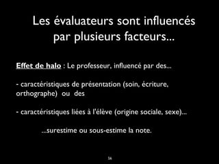 Les évaluateurs sont influencés
par plusieurs facteurs...
Effet de halo : Le professeur, influencé par des...
- caractéristiques de présentation (soin, écriture,
orthographe) ou des
- caractéristiques liées à l'élève (origine sociale, sexe)...
...surestime ou sous-estime la note. 

56

 