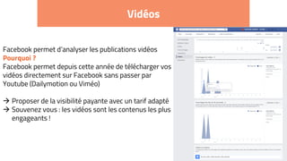 Vidéos
Facebook permet d’analyser les publications vidéos
Pourquoi ?
Facebook permet depuis cette année de télécharger vos
vidéos directement sur Facebook sans passer par
Youtube (Dailymotion ou Viméo)
 Proposer de la visibilité payante avec un tarif adapté
 Souvenez vous : les vidéos sont les contenus les plus
engageants !
 