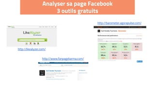 Analyser sa page Facebook
3 outils gratuits
http://likealyzer.com/
http://barometer.agorapulse.com/
http://www.fanpagekarma.com/
 